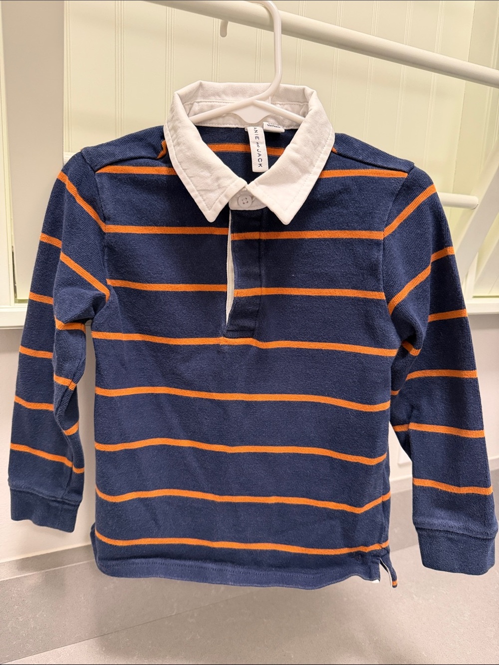 Janie and Jack Navy and Tan Striped Polo with White Collar